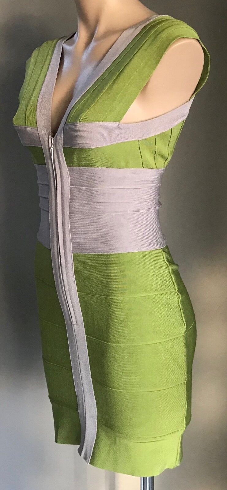 HERVE LEGER Bandage Dress Original  Citrine Green Grey  Zip Front Size M 10 12