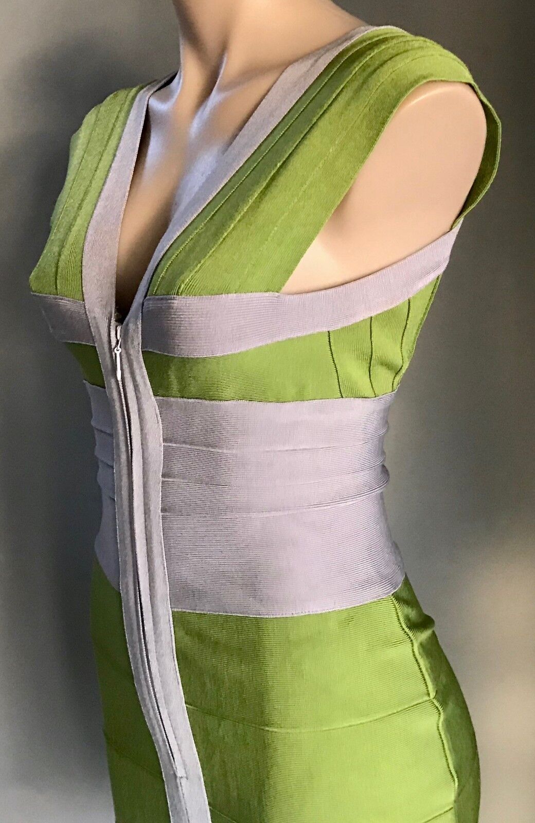 HERVE LEGER Bandage Dress Original  Citrine Green Grey  Zip Front Size M 10 12