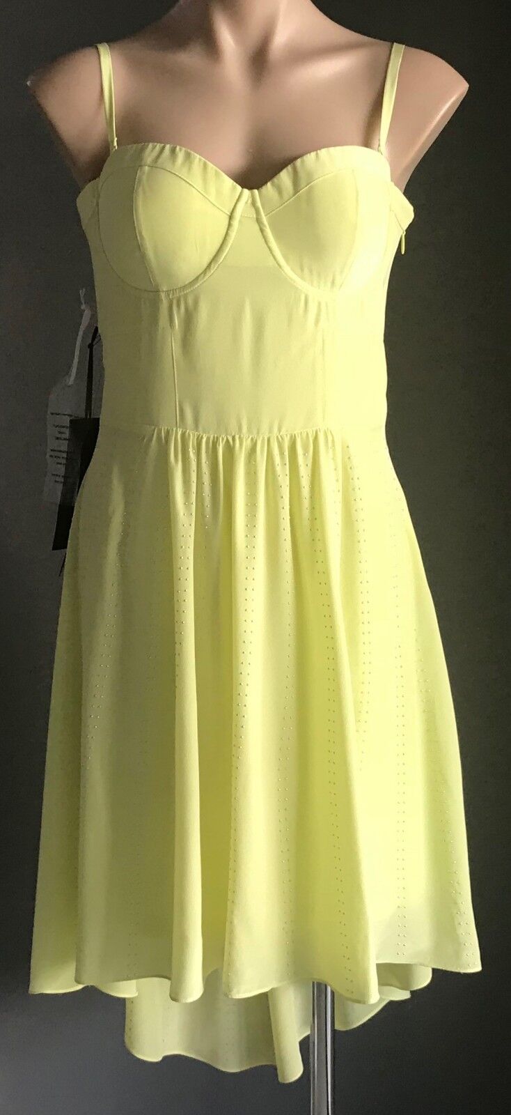 BEBE " Frosty " Dress Hi Low Corset w Stud Trim Neon Yellow Size L 12 NEW