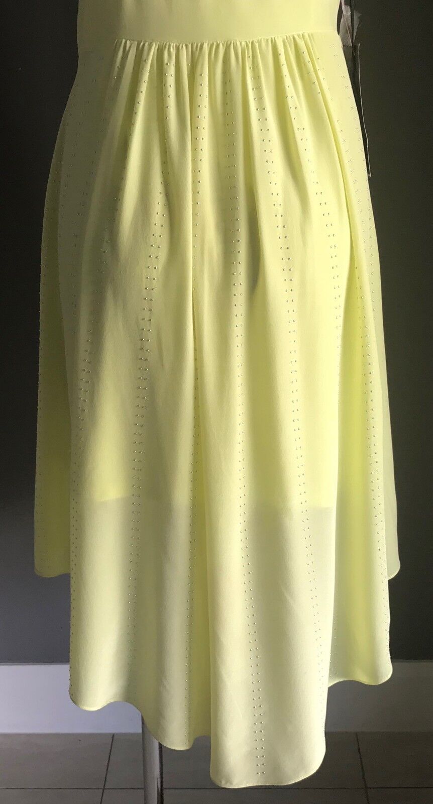 BEBE " Frosty " Dress Hi Low Corset w Stud Trim Neon Yellow Size L 12 NEW