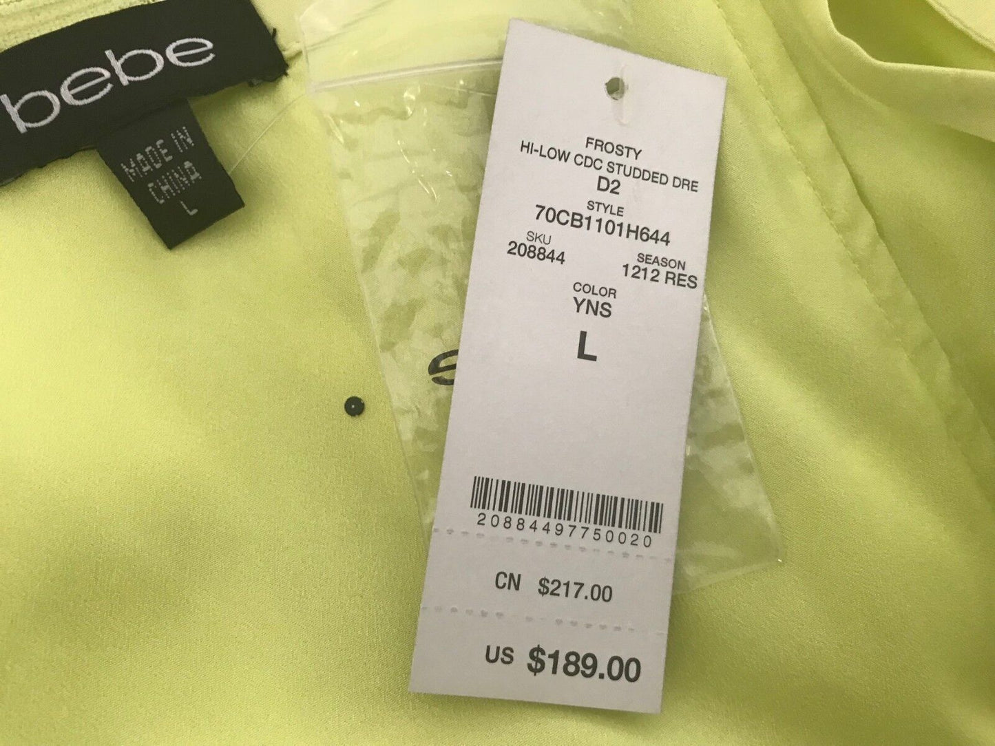 BEBE " Frosty " Dress Hi Low Corset w Stud Trim Neon Yellow Size L 12 NEW