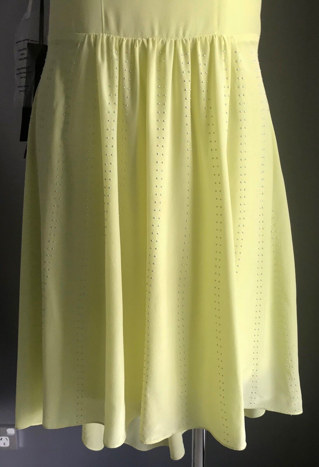 BEBE " Frosty " Dress Hi Low Corset w Stud Trim Neon Yellow Size L 12 NEW