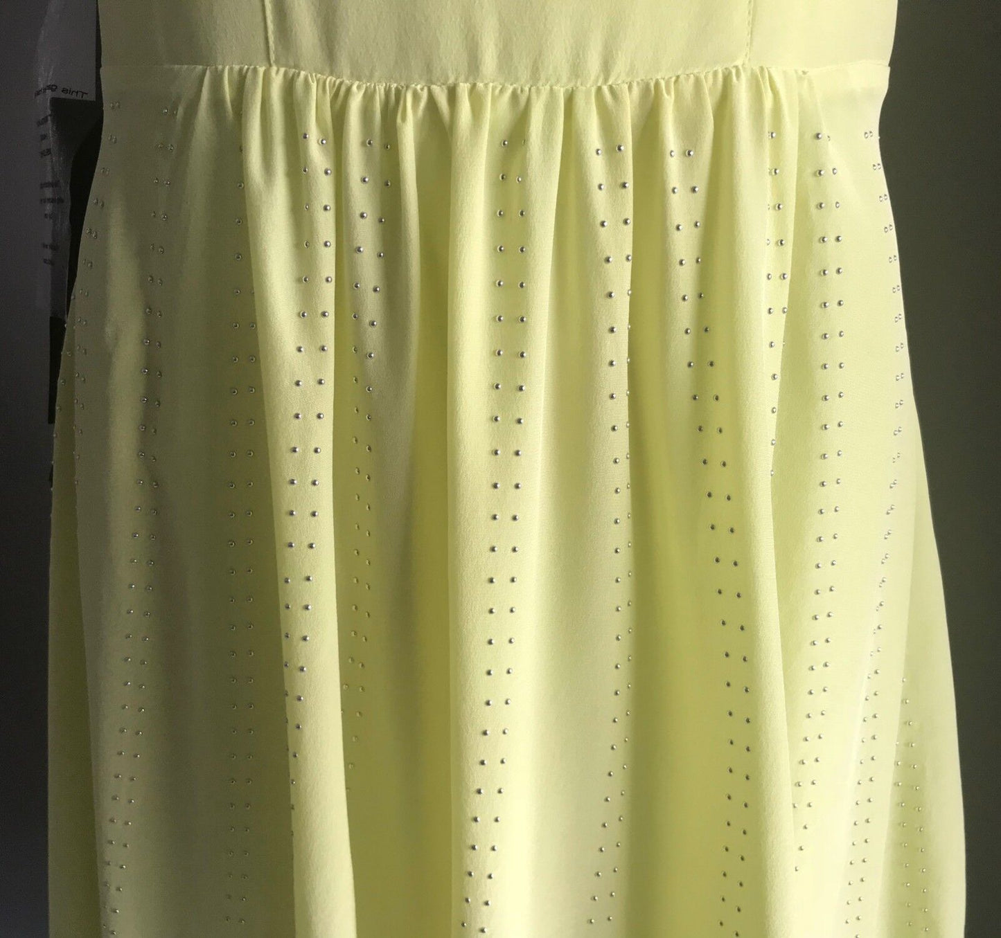 BEBE " Frosty " Dress Hi Low Corset w Stud Trim Neon Yellow Size L 12 NEW