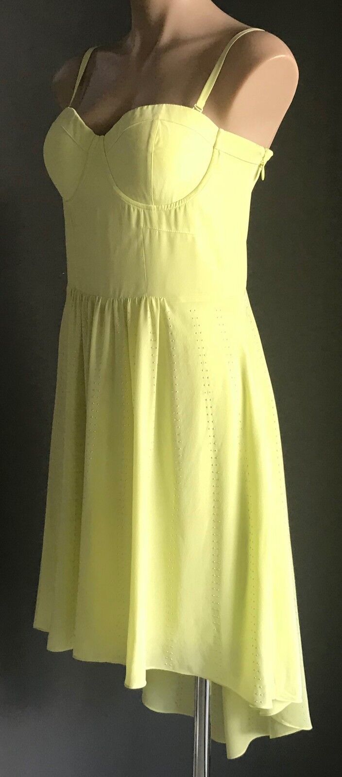 BEBE " Frosty " Dress Hi Low Corset w Stud Trim Neon Yellow Size L 12 NEW
