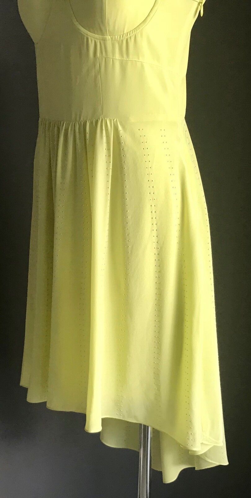 BEBE " Frosty " Dress Hi Low Corset w Stud Trim Neon Yellow Size L 12 NEW