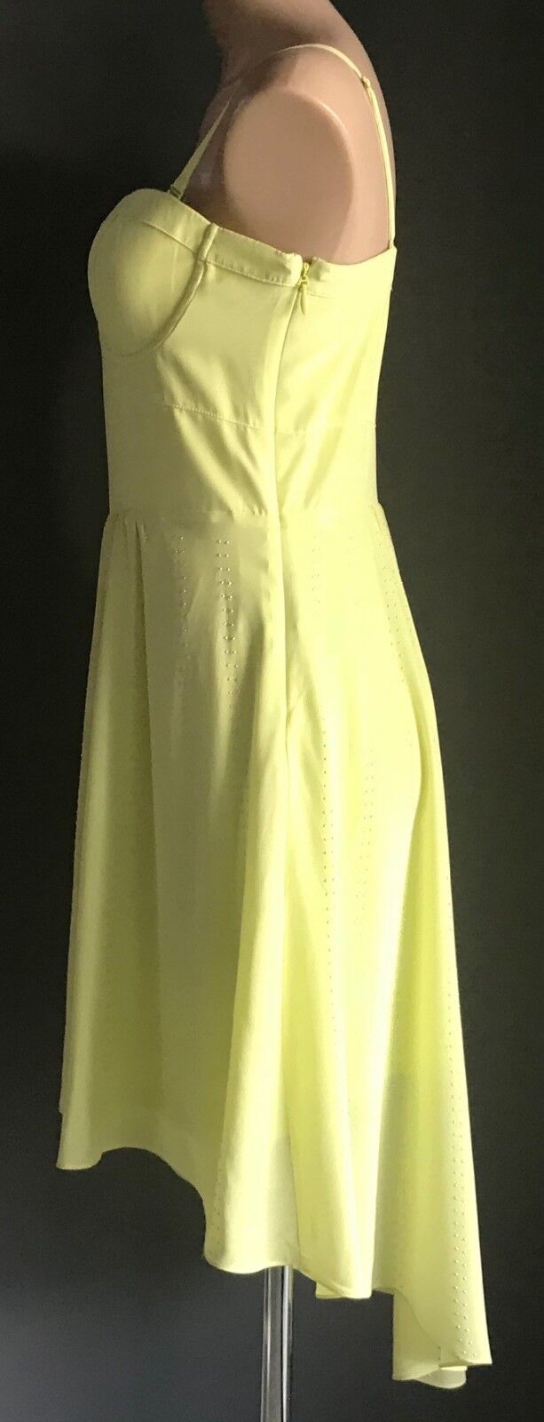 BEBE " Frosty " Dress Hi Low Corset w Stud Trim Neon Yellow Size L 12 NEW