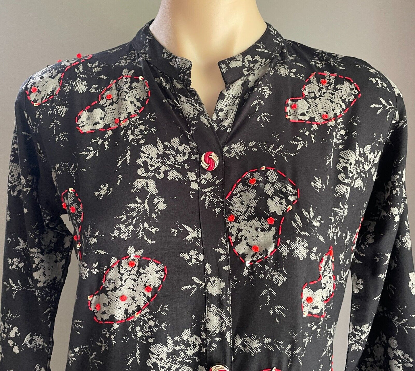 JSR Maxi Dress Black Grey Floral Print Red Stitch Trim & Sequins Long Size L 12