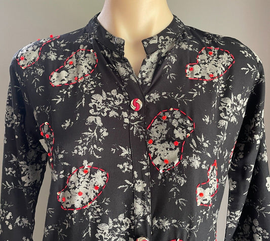 JSR Maxi Dress Black Grey Floral Print Red Stitch Trim & Sequins Long Size L 12