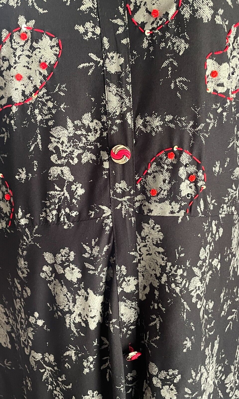 JSR Maxi Dress Black Grey Floral Print Red Stitch Trim & Sequins Long Size L 12