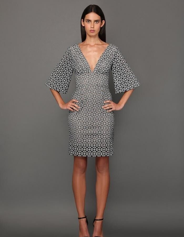 ROXCIIS Mini Dress Black & White Print 3/4 Kimono Sleeve Size 10 Blush Lining