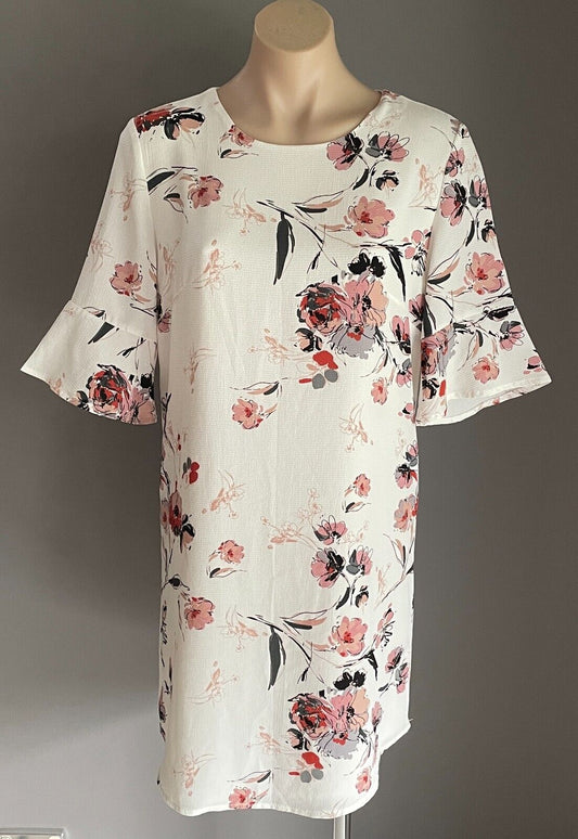 EXECUTIVE PONIES Shift Dress White Floral Print 3/4 Sleeves Lined Size 10 NEW