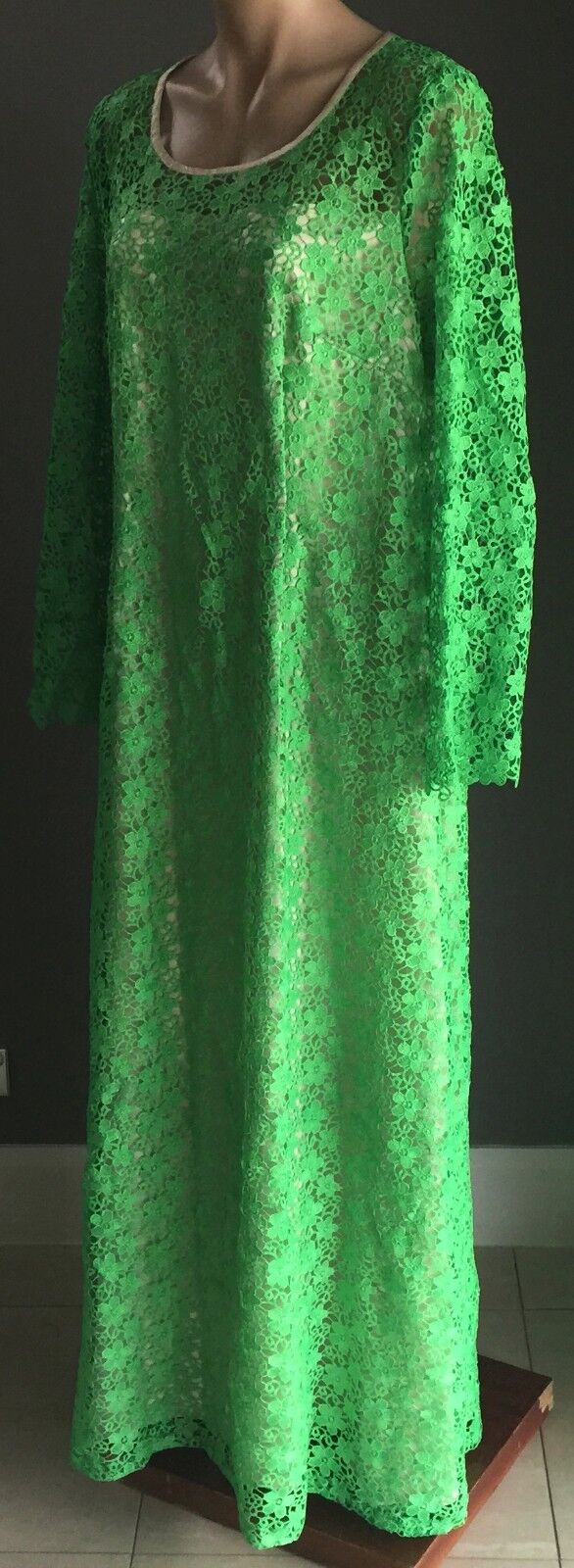 Evening Gown Vintage Original 1960's Green LACE A Line Plus Sz 18 20 Long Dress