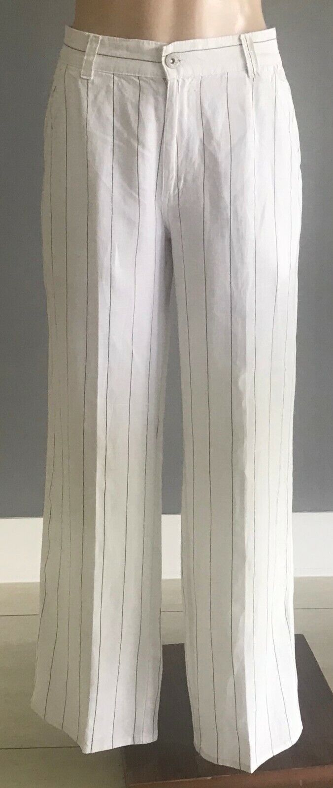 DOLCE & GABBANA Linen Pants Original White & Navy Stripe Wide Leg  W31 L36 Luxe