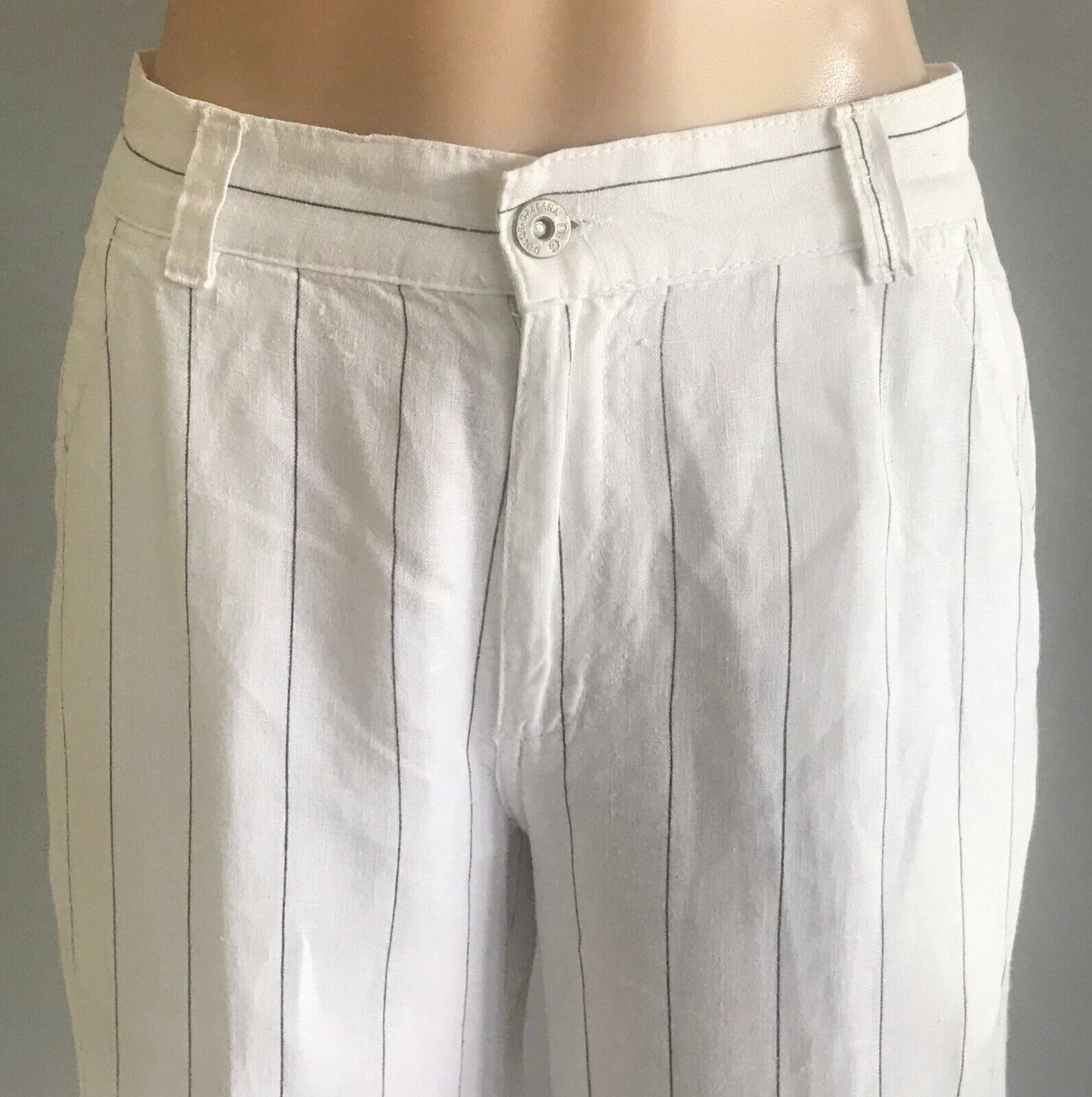 DOLCE & GABBANA Linen Pants Original White & Navy Stripe Wide Leg  W31 L36 Luxe