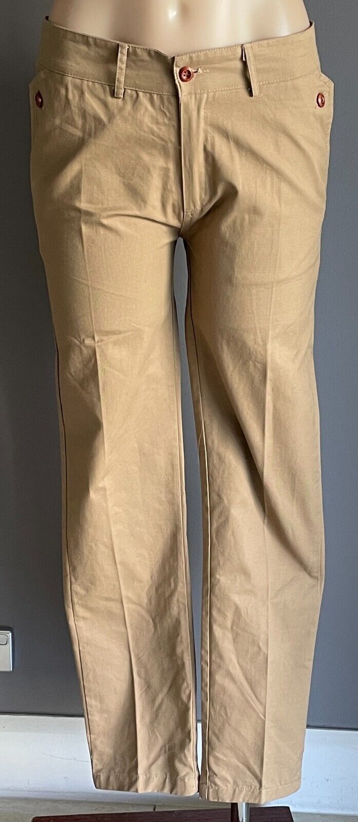 TIMSU Cropped Pants Light Tan Camel Size L Tapered Leg Button Trim Pockets