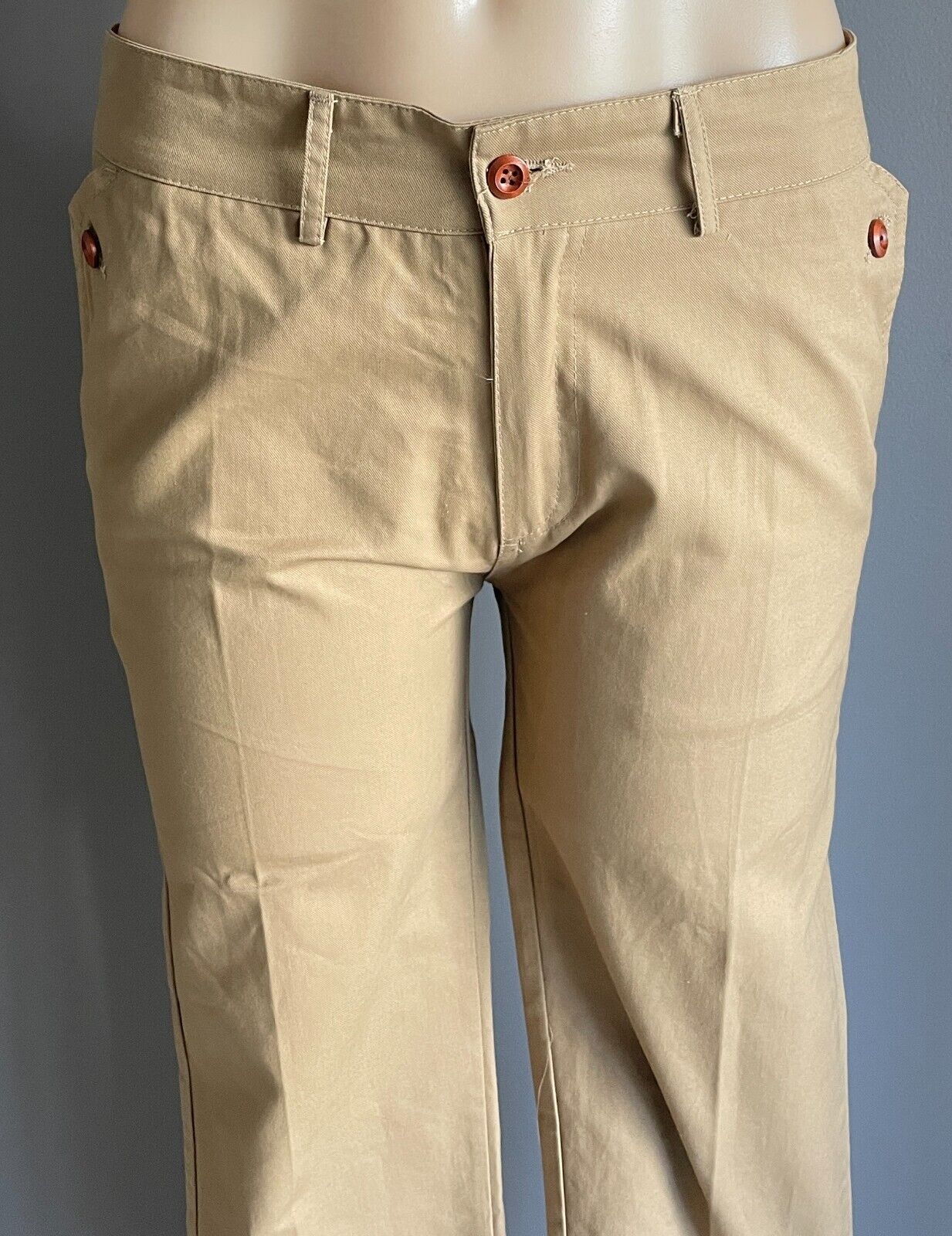 TIMSU Cropped Pants Light Tan Camel Size L Tapered Leg Button Trim Pockets