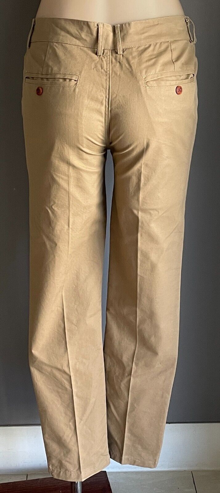 TIMSU Cropped Pants Light Tan Camel Size L Tapered Leg Button Trim Pockets