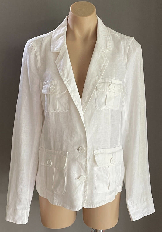 WITCHERY Jacket White Linen Light Size 12 Unlined Long Sleeve Blazer Pockets NEW