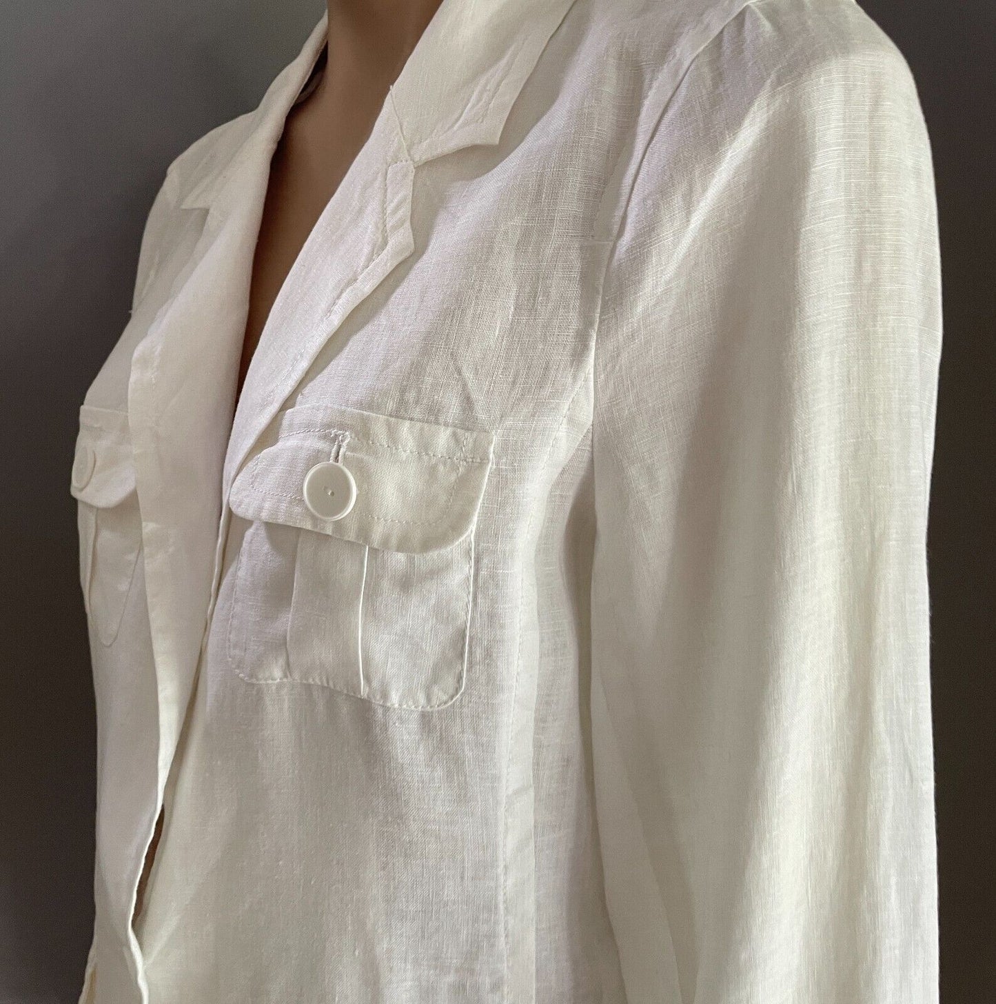 WITCHERY Jacket White Linen Light Size 12 Unlined Long Sleeve Blazer Pockets NEW