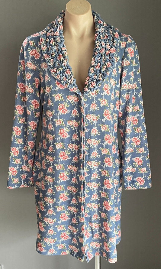 AIGU Blue Floral Jacket Long Sleeve Ruffle Collar Brush Cotton Size 14 Vintage