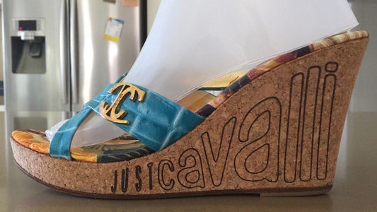 JUST CAVALLI Wedge Shoes Blue Leather Open Toe Slide Cork Ladies Size 39 Luxe