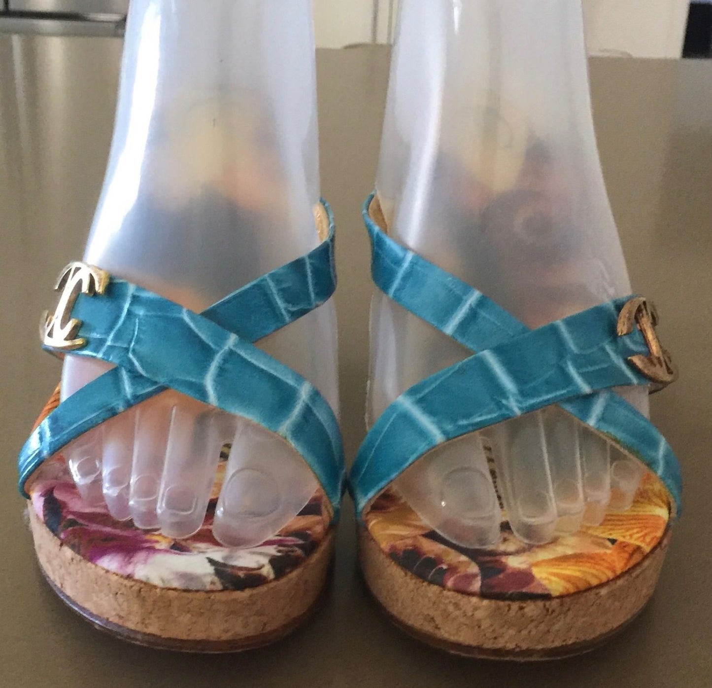 JUST CAVALLI Wedge Shoes Blue Leather Open Toe Slide Cork Ladies Size 39 Luxe