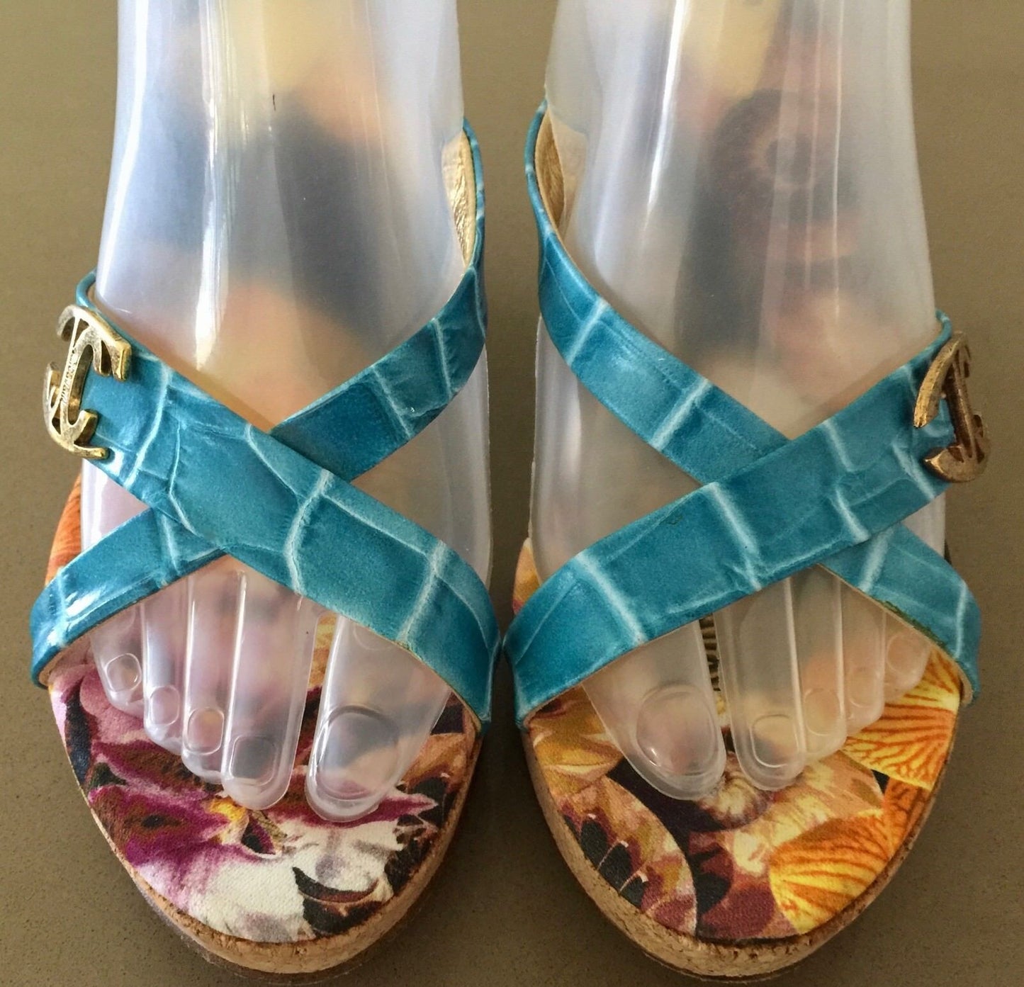 JUST CAVALLI Wedge Shoes Blue Leather Open Toe Slide Cork Ladies Size 39 Luxe