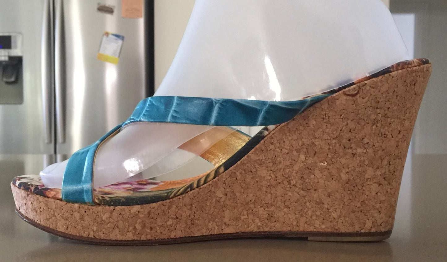 JUST CAVALLI Wedge Shoes Blue Leather Open Toe Slide Cork Ladies Size 39 Luxe
