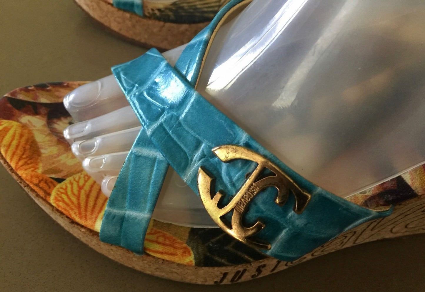 JUST CAVALLI Wedge Shoes Blue Leather Open Toe Slide Cork Ladies Size 39 Luxe