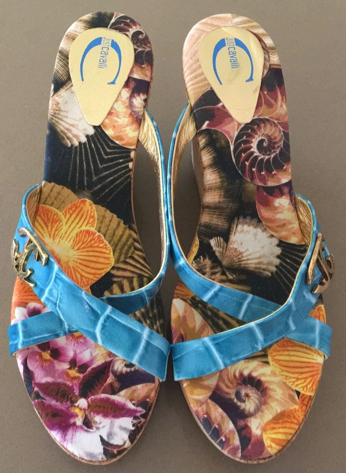 JUST CAVALLI Wedge Shoes Blue Leather Open Toe Slide Cork Ladies Size 39 Luxe