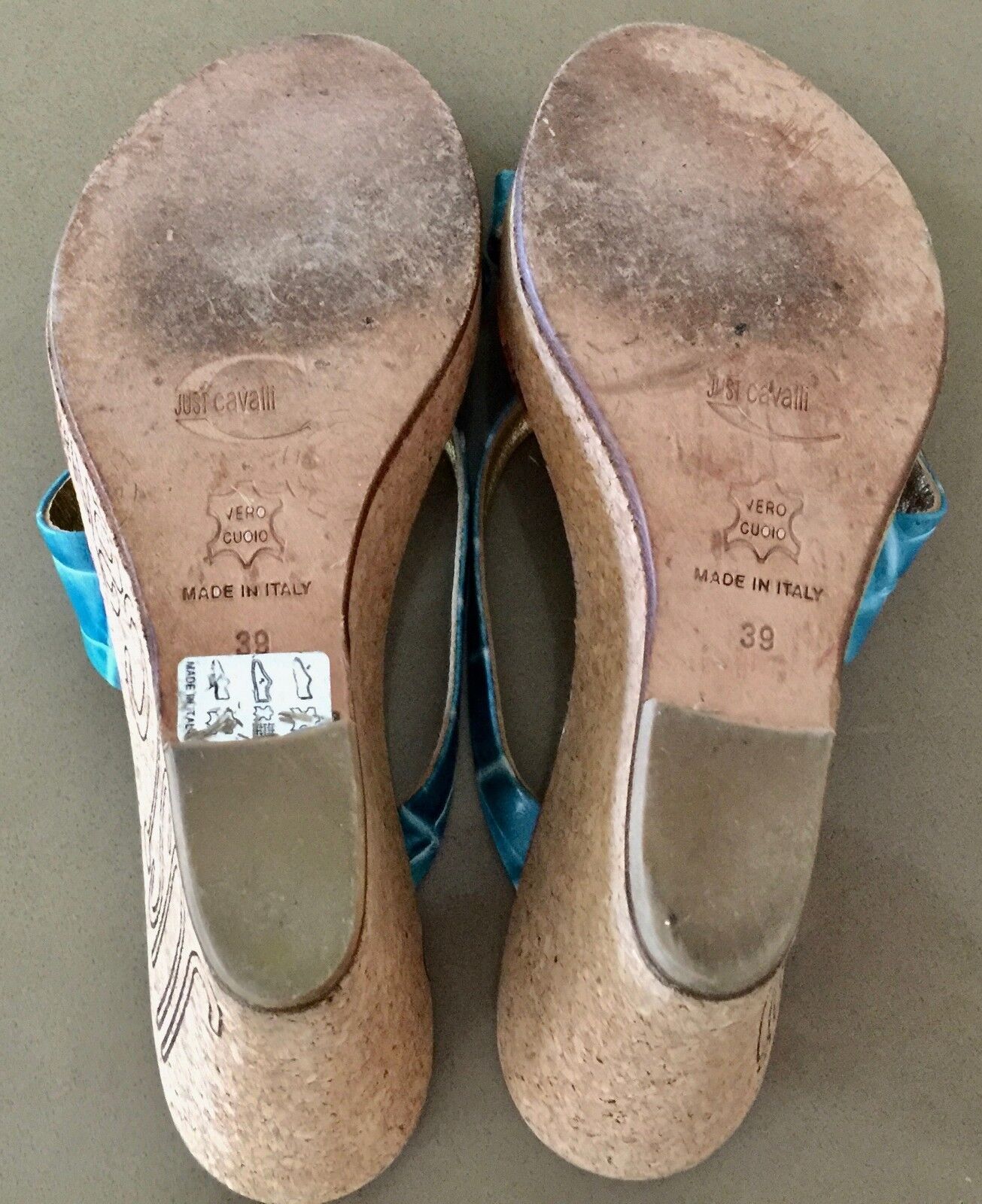 JUST CAVALLI Wedge Shoes Blue Leather Open Toe Slide Cork Ladies Size 39 Luxe