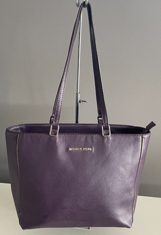 MICHAEL KORS Shoulder Bag Purple Saffiano Leather Tote Handbag Double Straps