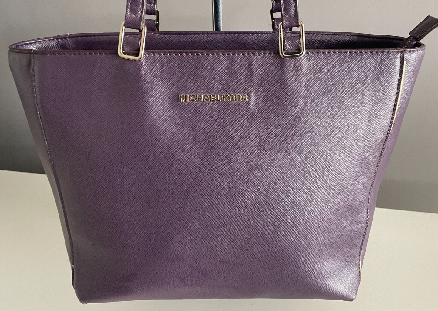 MICHAEL KORS Shoulder Bag Purple Saffiano Leather Tote Handbag Double Straps