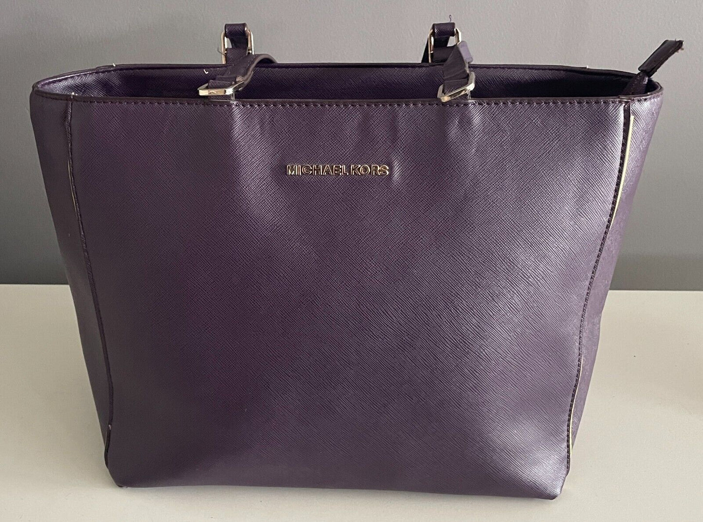 MICHAEL KORS Shoulder Bag Purple Saffiano Leather Tote Handbag Double Straps