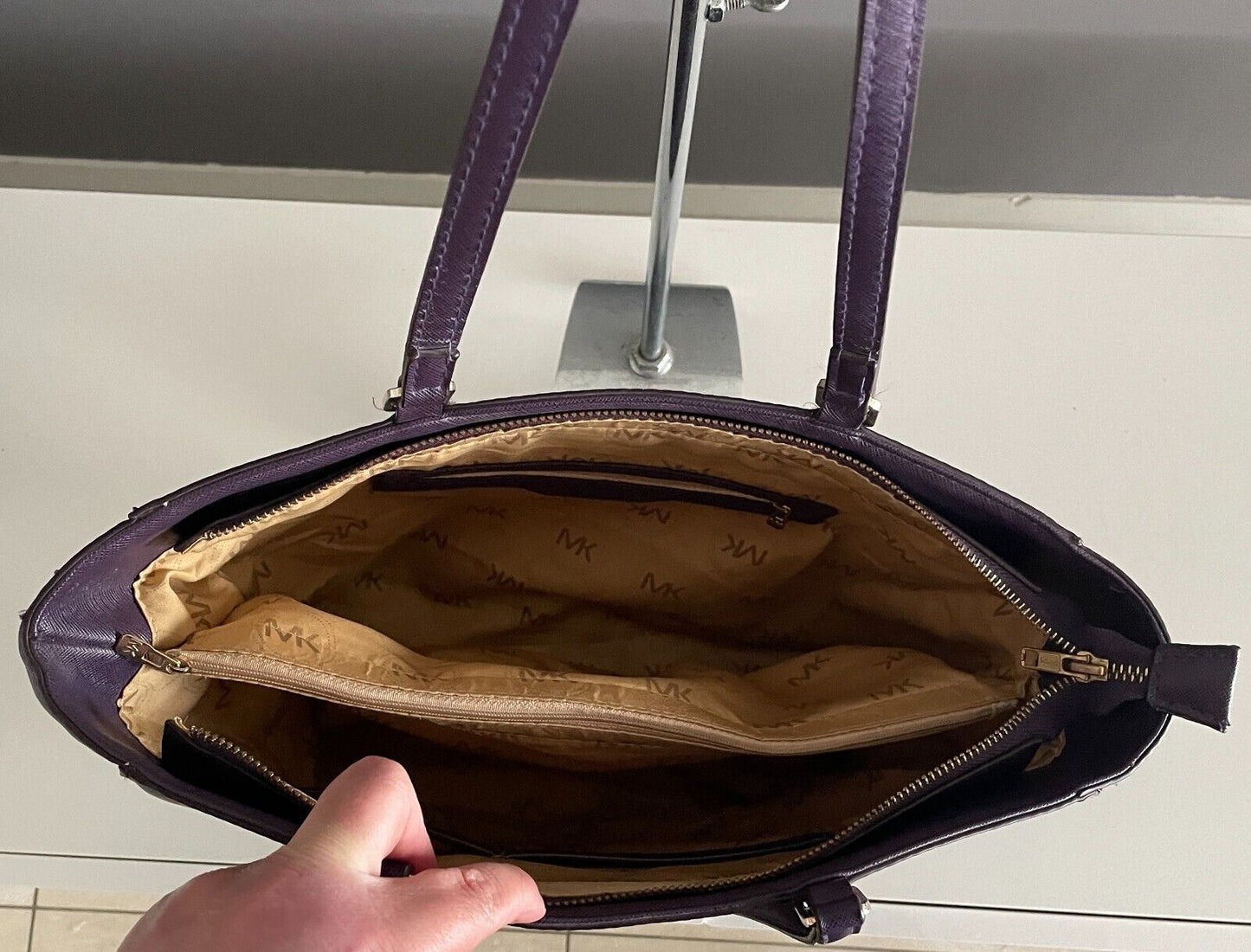 MICHAEL KORS Shoulder Bag Purple Saffiano Leather Tote Handbag Double Straps