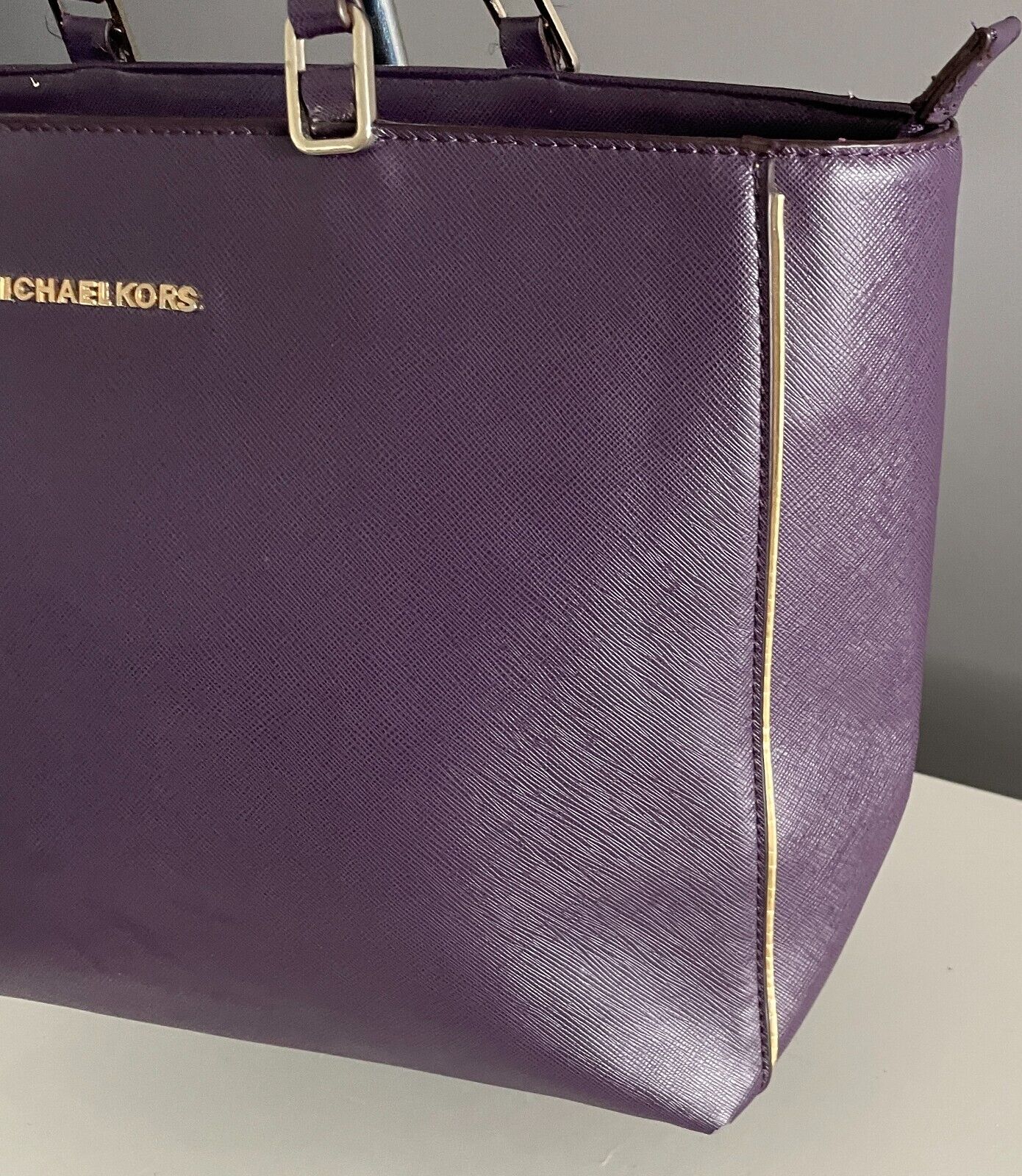 MICHAEL KORS Shoulder Bag Purple Saffiano Leather Tote Handbag Double Straps