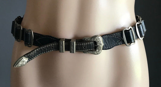 Vintage Western Style BELT Brown Leather & Silver Trim Buckles To Fit Size 12 14