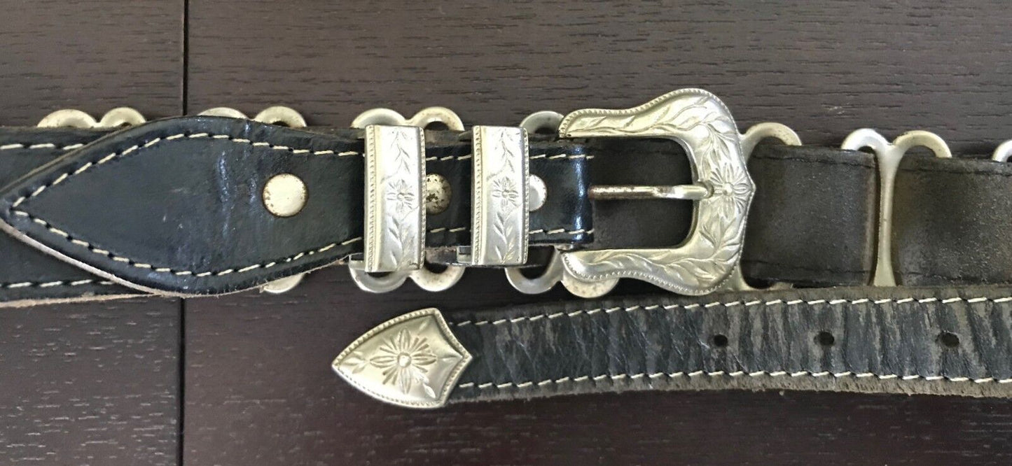 Vintage Western Style BELT Brown Leather & Silver Trim Buckles To Fit Size 12 14