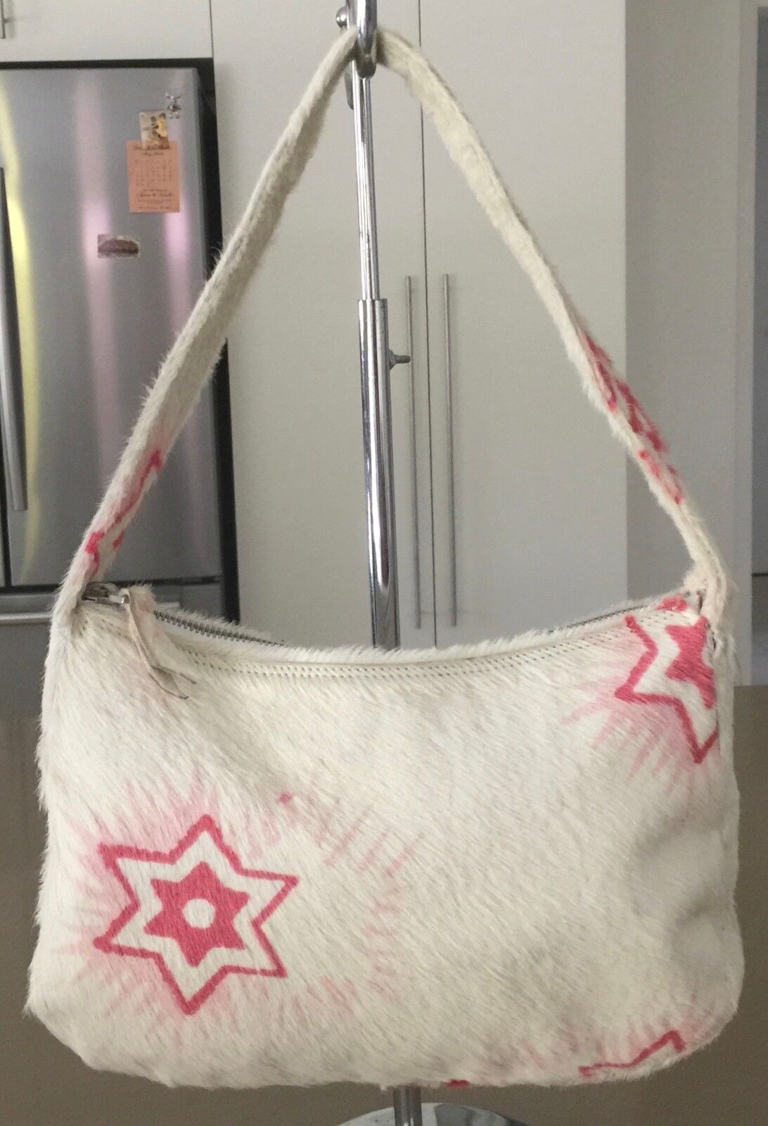MARNI HandBag Ivory Calf Skin Hair Shoulder Bag w Pink Star Print Luxe Vintage
