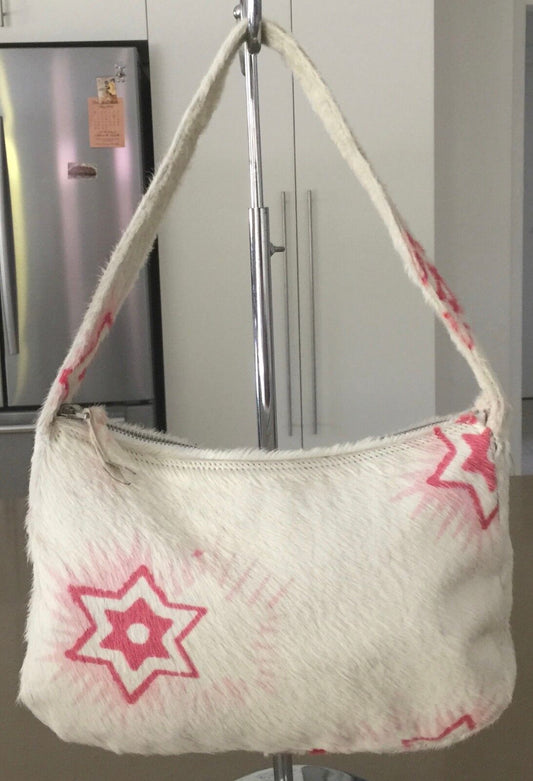 MARNI HandBag Ivory Calf Skin Hair Shoulder Bag w Pink Star Print Luxe Vintage