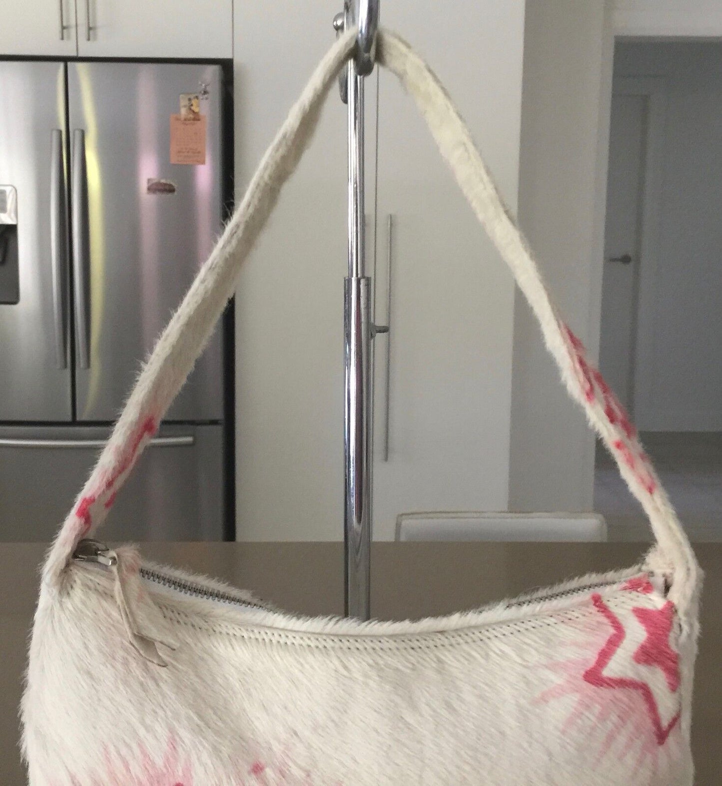 MARNI HandBag Ivory Calf Skin Hair Shoulder Bag w Pink Star Print Luxe Vintage