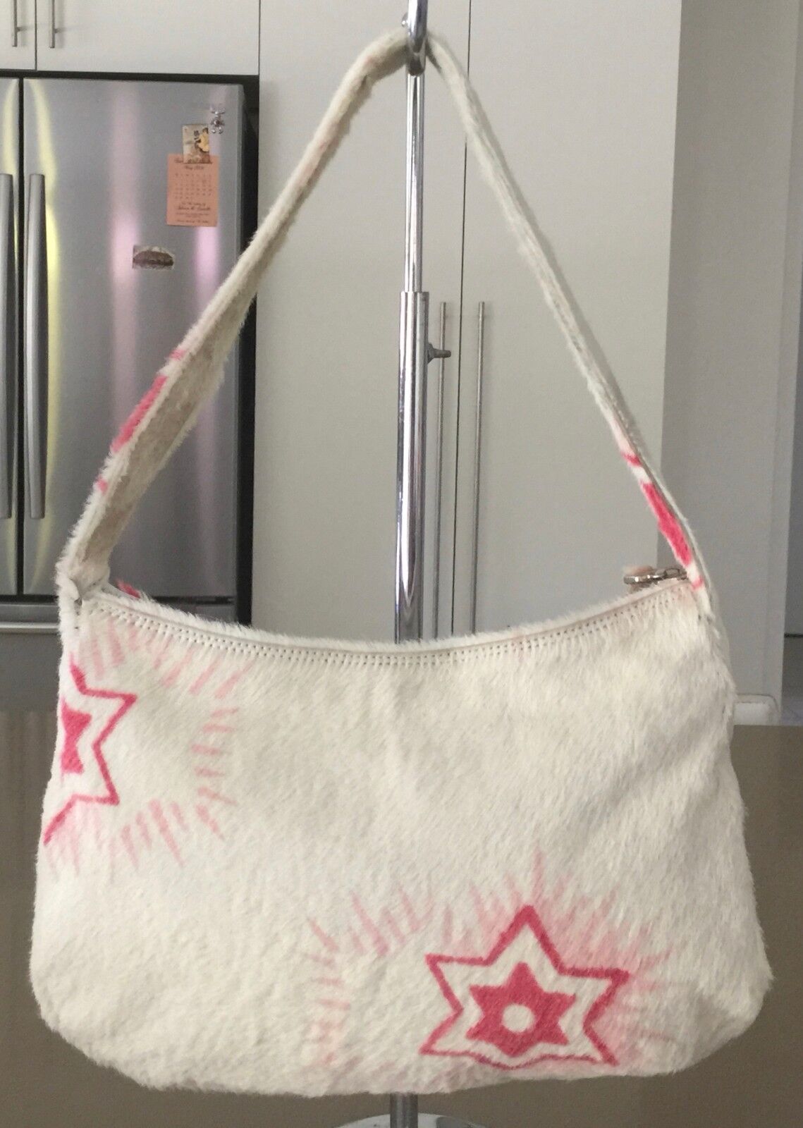 MARNI HandBag Ivory Calf Skin Hair Shoulder Bag w Pink Star Print Luxe Vintage