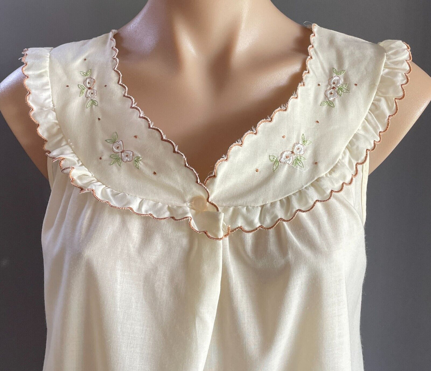 LYN MAID Midi Nightie Off White With Brown Green White Embroidered Trim Size 14