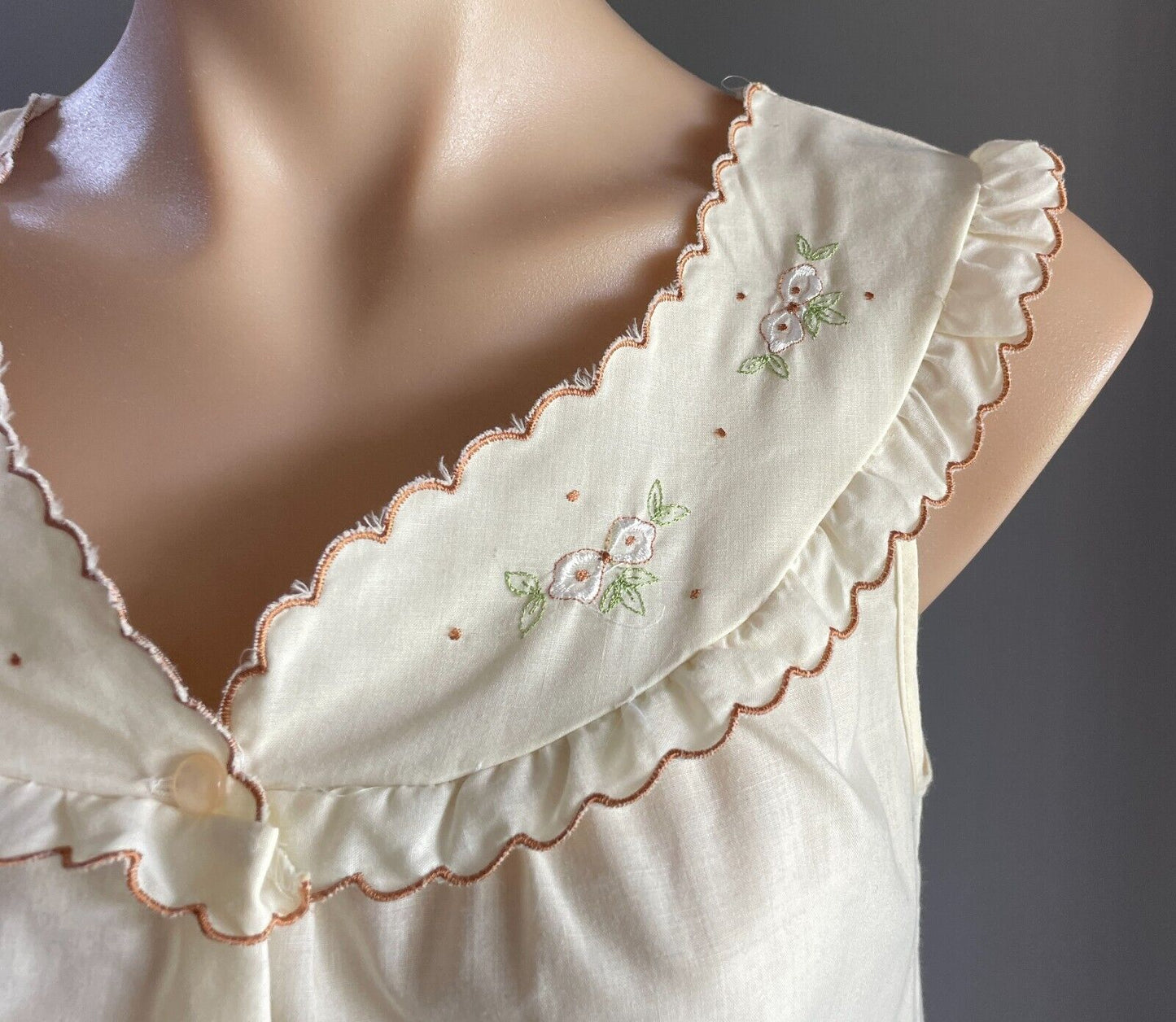 LYN MAID Midi Nightie Off White With Brown Green White Embroidered Trim Size 14