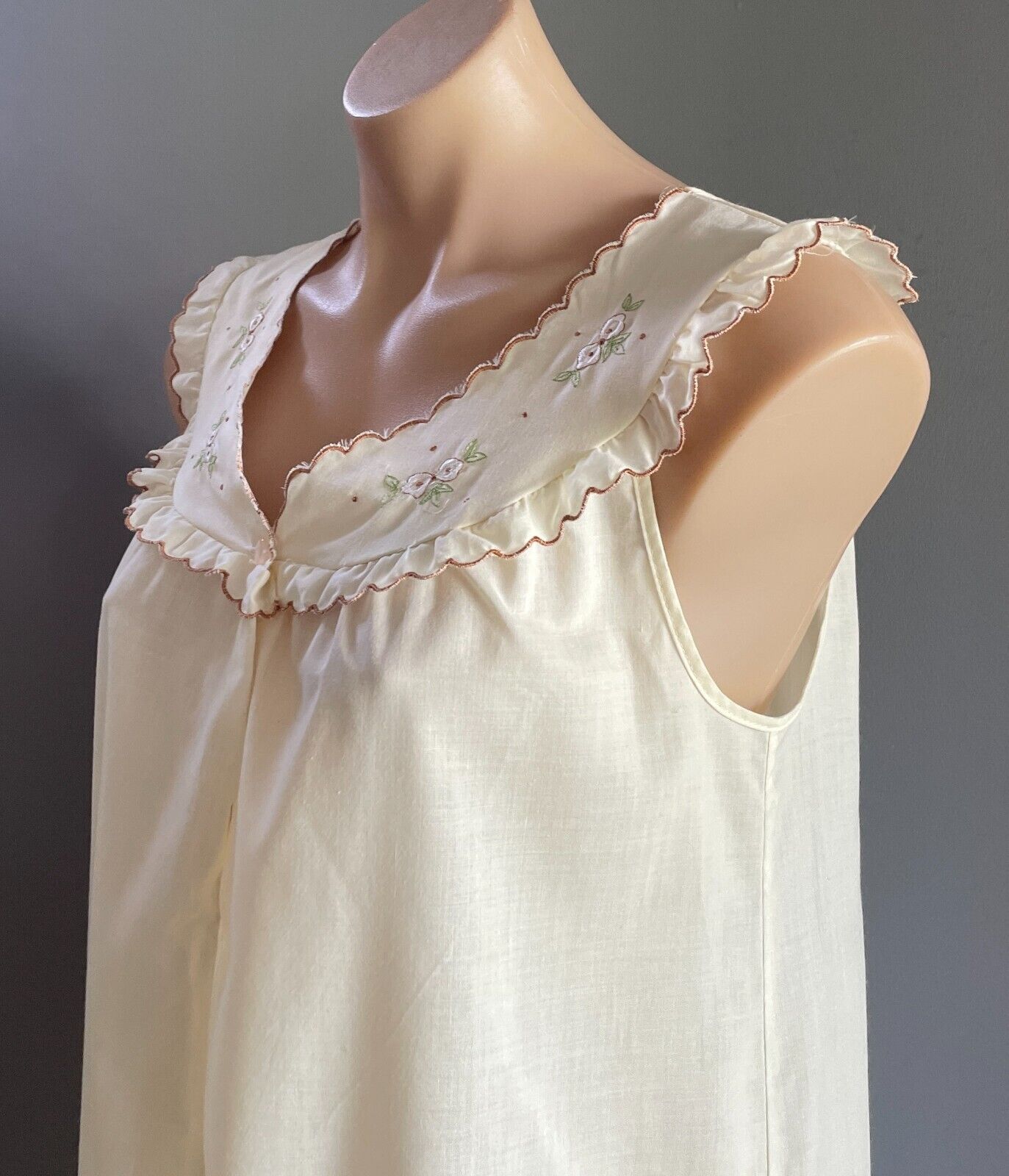 LYN MAID Midi Nightie Off White With Brown Green White Embroidered Trim Size 14