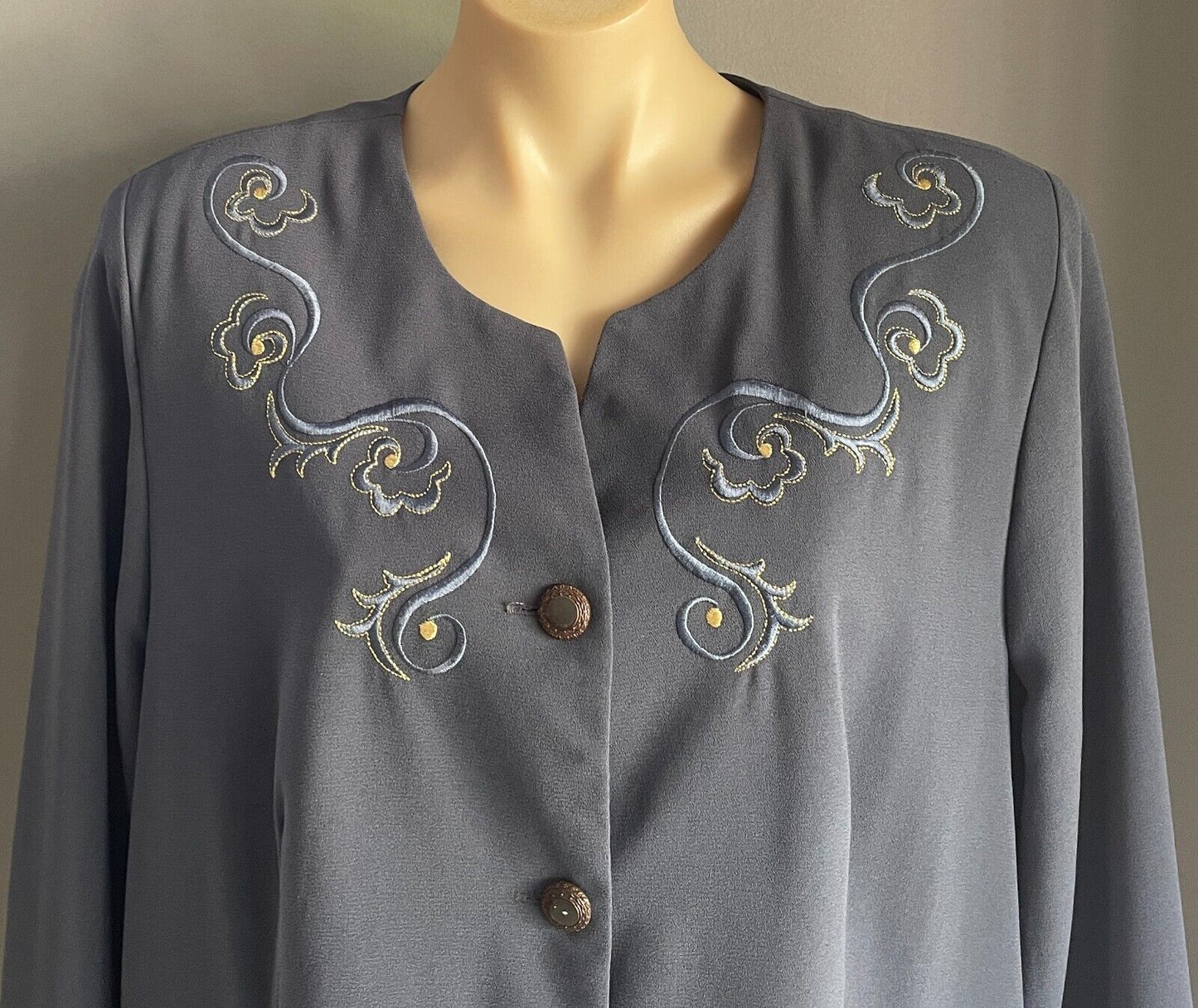 DOLINA Grey Skirt Suit Jacket + Skirt Size 16 Gold & Blue Embroidery Trim 1980s