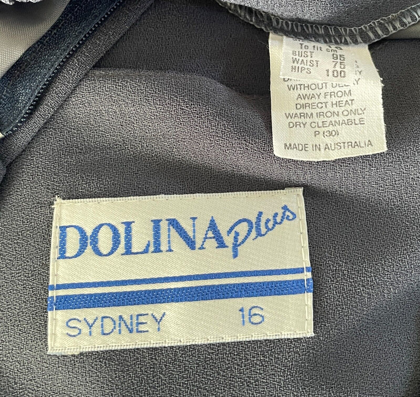 DOLINA Grey Skirt Suit Jacket + Skirt Size 16 Gold & Blue Embroidery Trim 1980s