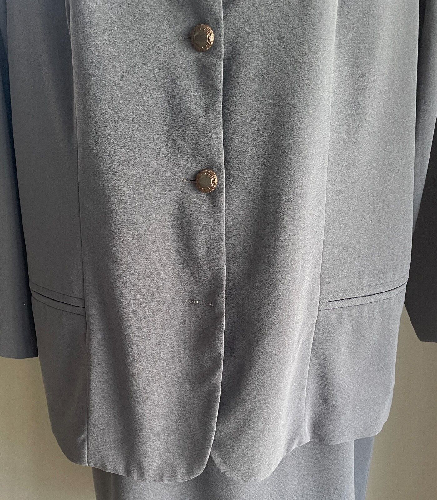 DOLINA Grey Skirt Suit Jacket + Skirt Size 16 Gold & Blue Embroidery Trim 1980s
