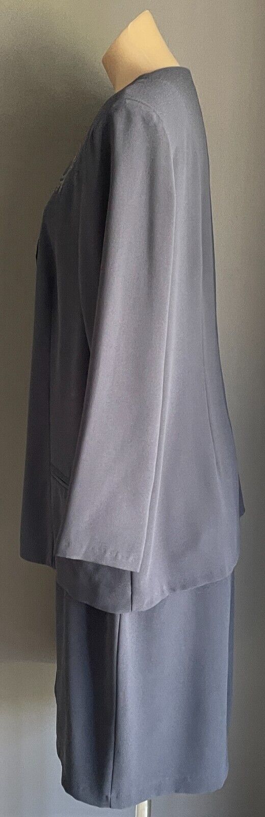 DOLINA Grey Skirt Suit Jacket + Skirt Size 16 Gold & Blue Embroidery Trim 1980s