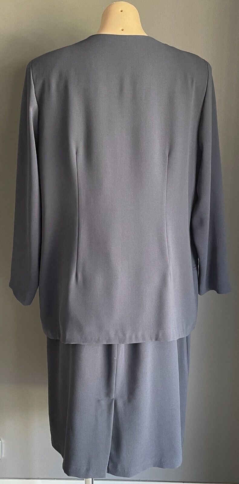 DOLINA Grey Skirt Suit Jacket + Skirt Size 16 Gold & Blue Embroidery Trim 1980s